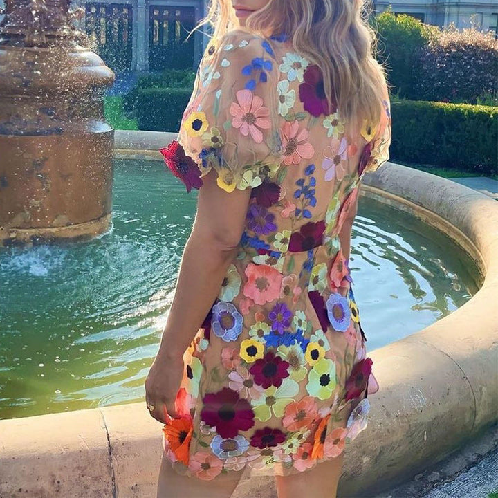 Drune | 3D-Blumen-Bodycon-Laternenärmel-besticktes Kleid