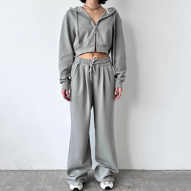 Damen modischer Cropped Hoodie und weit geschnittene Jogginghose Set Drune