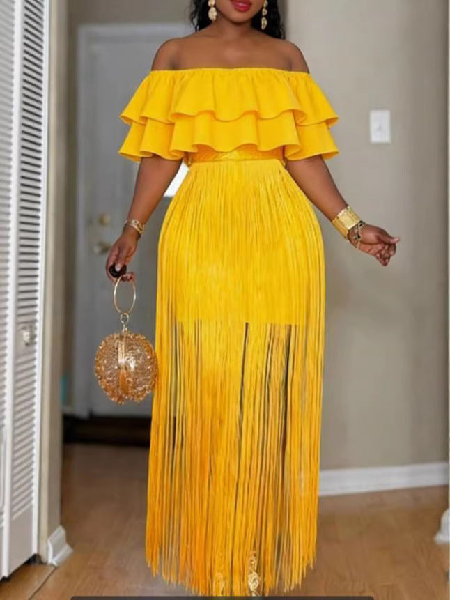 Damen Elegantes Off-Shoulder Kleid mit voluminösem Rüschensaum und fransigem Design Drune
