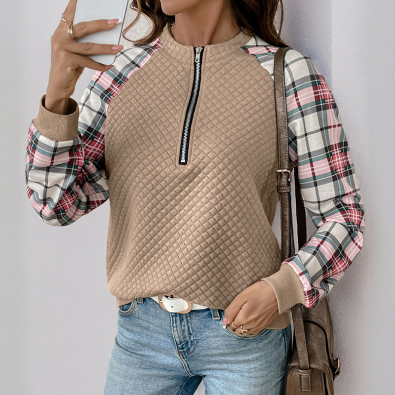 Damen modischer Pullover mit Karomuster und Reißverschluss Drune