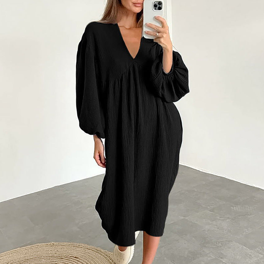 Damen lässiges Oversized-Kleid mit voluminösen Ärmeln und V-Ausschnitt Drune