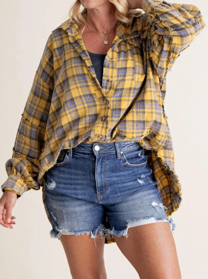 Damen nan oversized Karo-Überhemd mit Fransenbesatz, Brusttaschen und lockerer Passform Drune