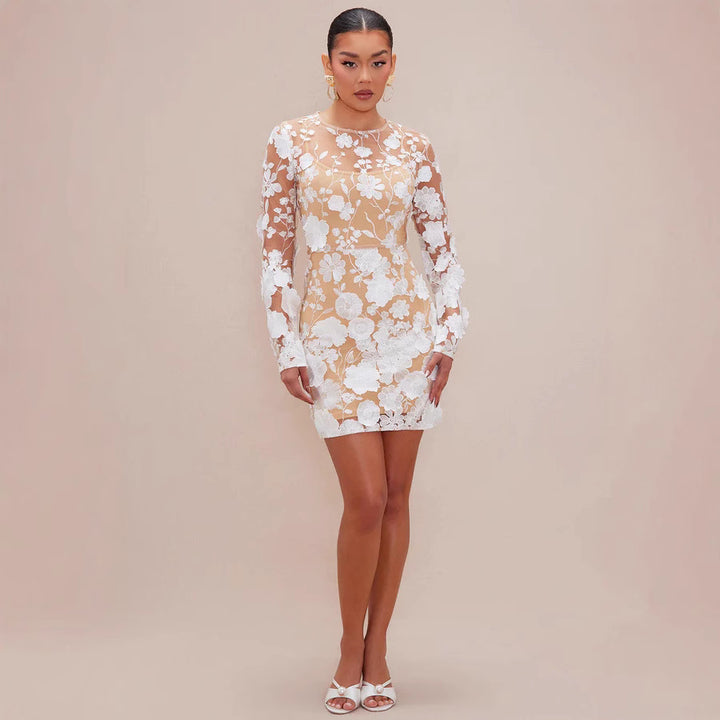 Damen Spitzenkleid mit floralen Applikationen und langen Ärmeln Drune
