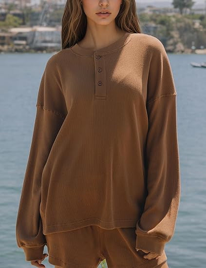 Damen lässiger Langarm-Hemdchen Pullover mit Knopfdetails Drune
