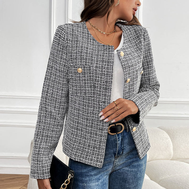 Damen elegante Bouclé-Jacke mit goldenen Knopfdetails Drune