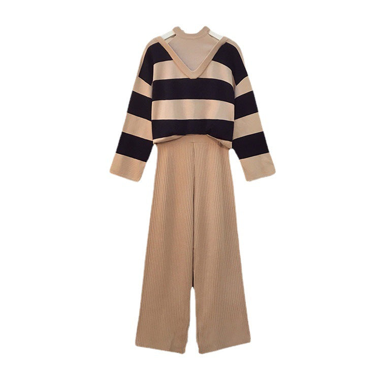Damen modisches Strick-Loungewear-Set mit Streifenmuster und hohem Kragen Drune