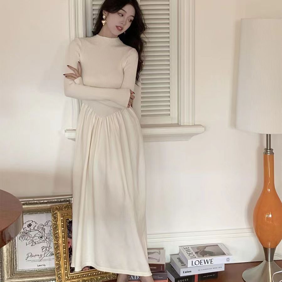 Damen Elegantes Langarm-Maxikleid mit hohem Hals Drune