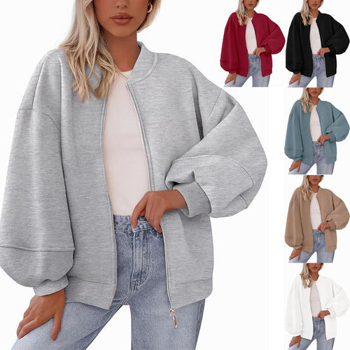 Damen Oversized Bomberjacke mit Reißverschluss und elastischen Bündchen Drune