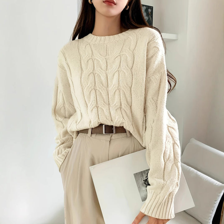 Damen Grobstrickpullover mit Zopfmuster und weitem Schnitt Drune