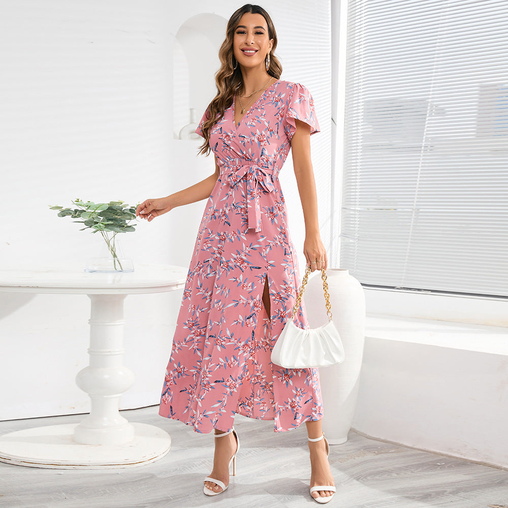 Damen Maxi-Kleid mit floralem Muster und Taillengürtel Drune