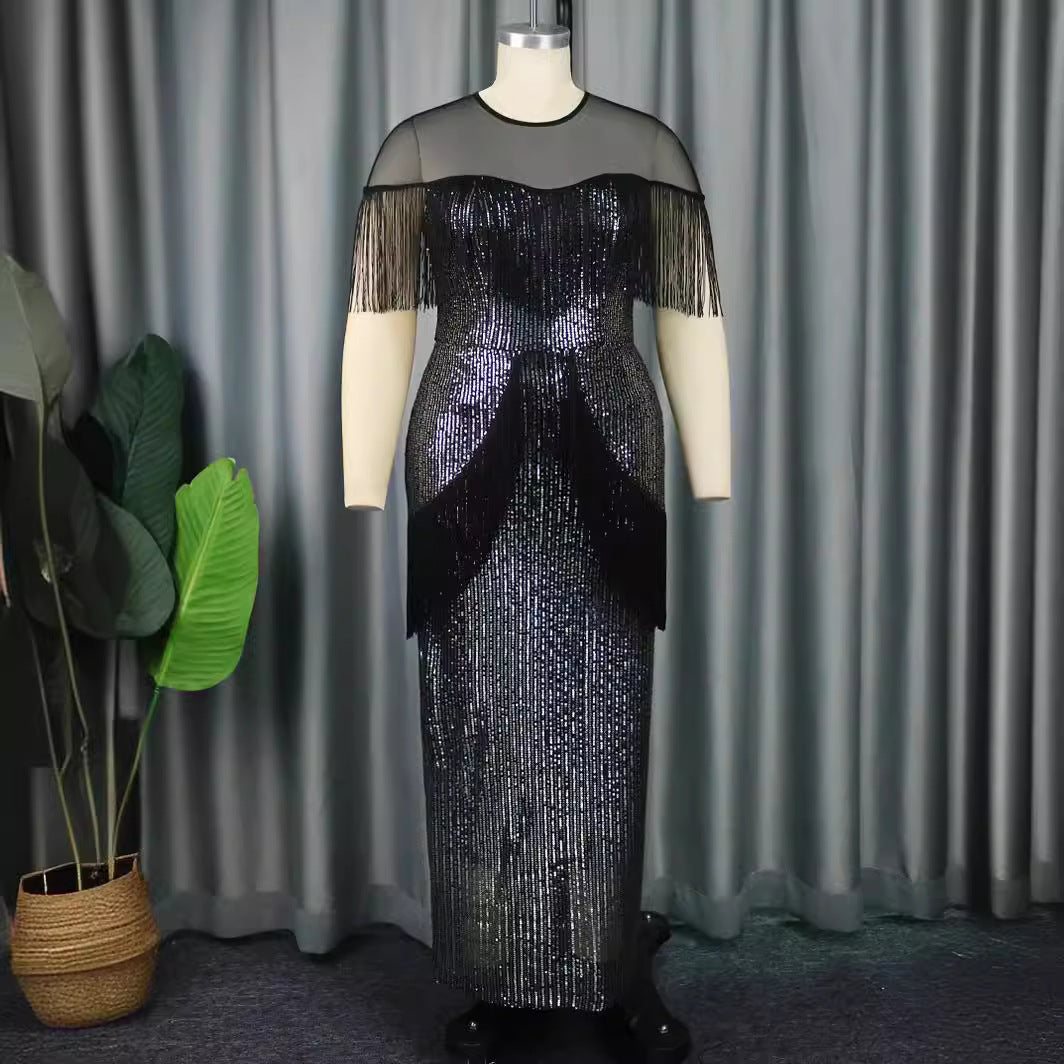 Damen glamouröses Abendkleid mit Fransen und Glitzer-Details Drune
