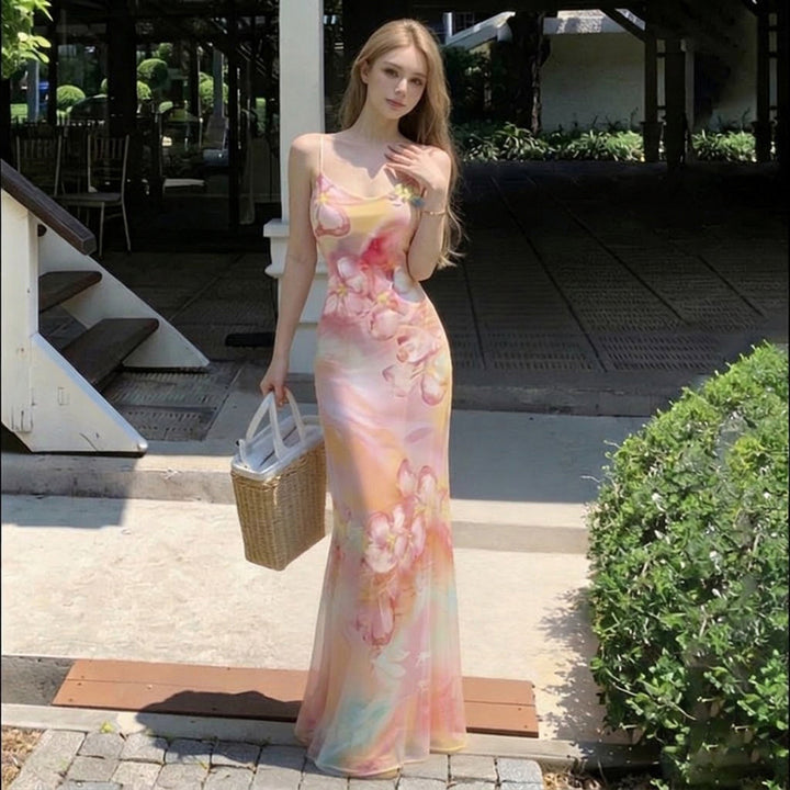 Damen Maxikleid mit floralem Design und Spaghettiträgern Drune