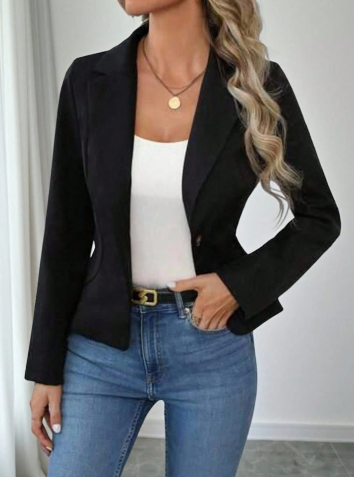 Damen nan taillierter Ein-Knopf-Blazer mit Reverskragen und Eingrifftaschen Drune
