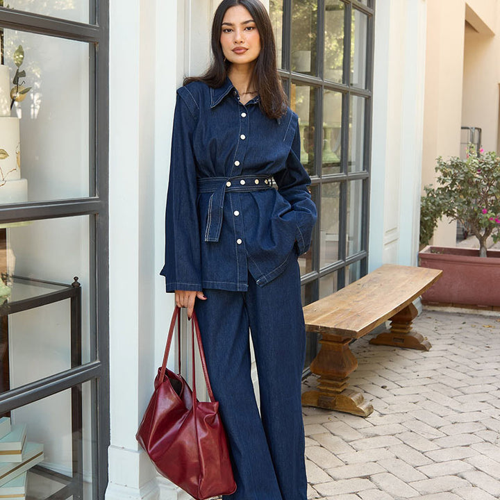 Damen Denim-Jumpsuit mit elegantem Gürtel und weitem Bein Drune