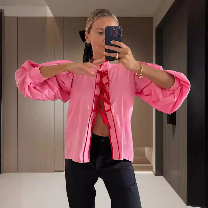 Damen modische Bluse mit Kordelzug und Puffärmeln Drune