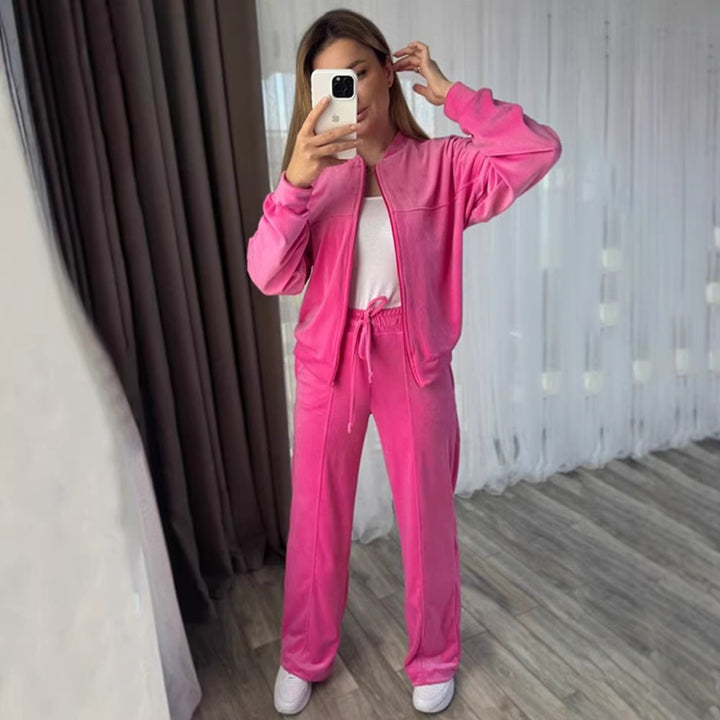 Damen Sportlicher Velours-Jogginganzug mit hohem Kragen und praktischen Taschen Drune