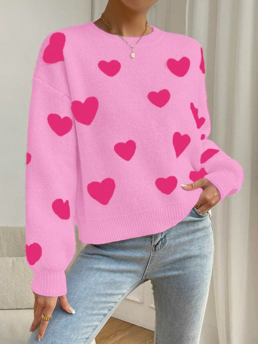 Damen Kuscheliger Strickpullover mit Herzmuster und weitem Schnitt Drune