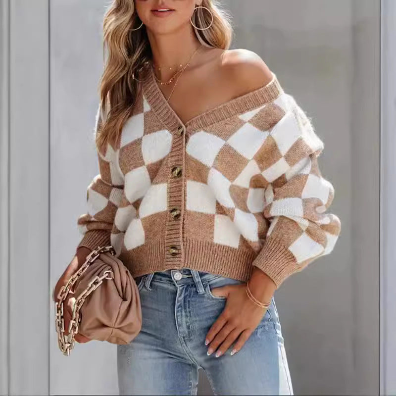 Damen Grob gestrickte Karomuster Cardigan mit tiefem V-Ausschnitt Drune