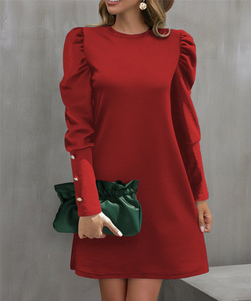 Damen nan elegantes A-Linien Minikleid mit gerafften Puffärmeln und dekorativen Manschettenknöpfen Drune