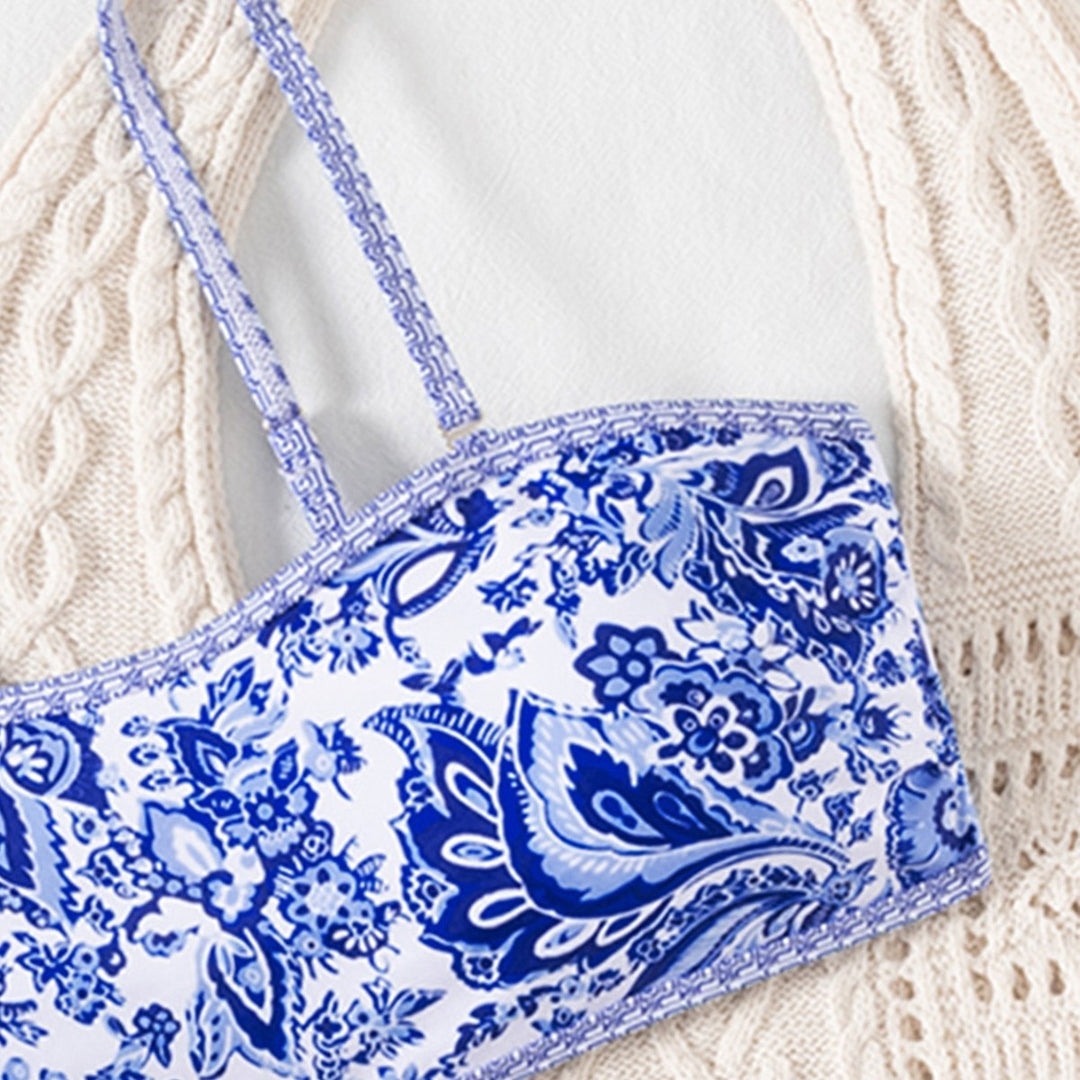 Damen Bandeau Bikini mit eleganter Blumenmusterung und verstellbaren Trägern Drune