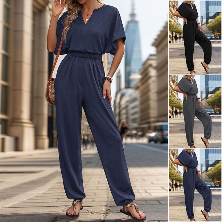 Damen eleganter Jumpsuit mit weitem Bein und komfortablem Taillengürtel Drune