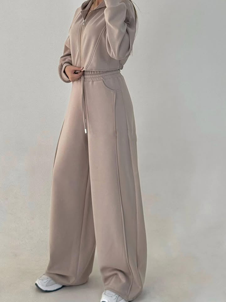 Damen nan weite Highwaist-Loungehose mit Tunnelzug, Eingrifftaschen und Ziernähten Drune