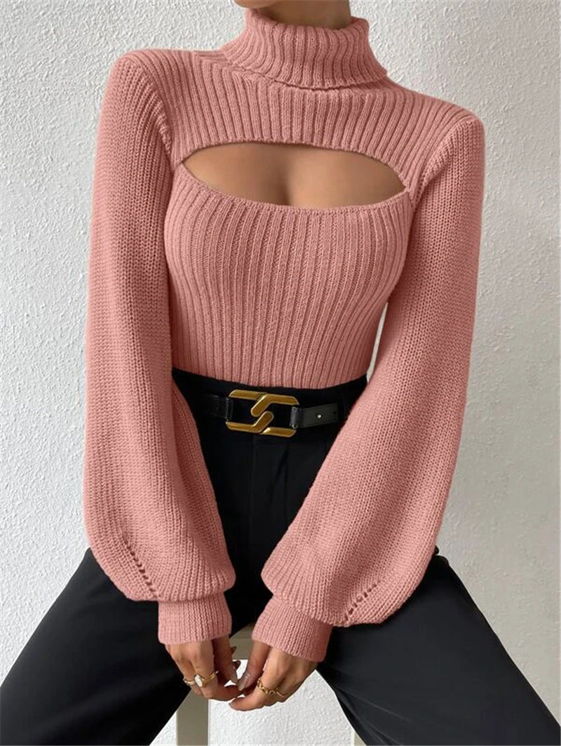 Damen Strickpullover mit Trendigem Cut-Out und Hohem Kragen Drune