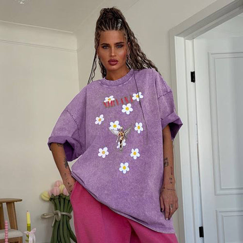 Damen Trendiges Oversized T-Shirt mit floralem Aufdruck Drune
