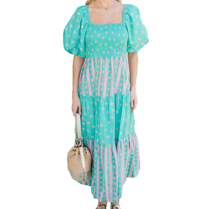 Damen Maxikleid mit gerafftem Oberteil und voluminösen Puffärmeln Drune