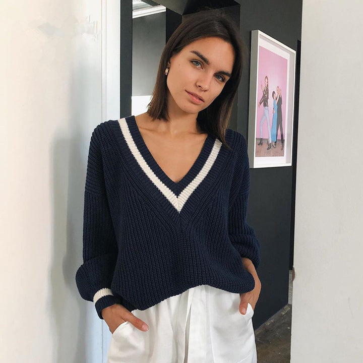 Damen trendiger V-Ausschnitt Pullover mit Puffärmeln und strukturiertem Gewebe Drune