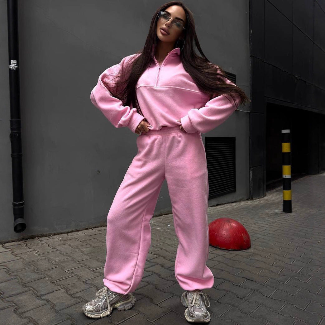 Damen Sportliches Fleece-Jogginganzug mit Stehkragen und Reißverschluss Drune