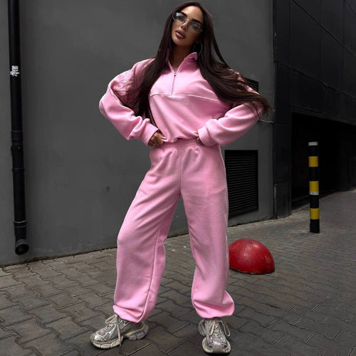Damen Sportliches Fleece-Jogginganzug mit Stehkragen und Reißverschluss Drune