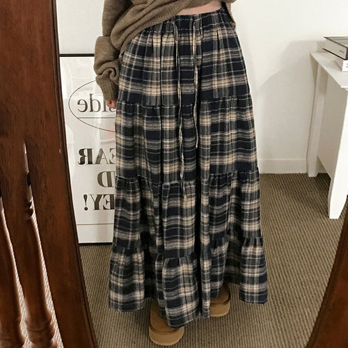Damen Langer, karierter Maxi-Rock im Lagenlook Drune
