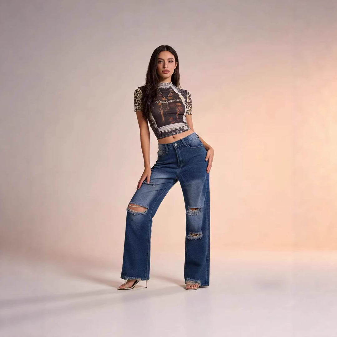 Damen nan hochgeschnittene Relaxed-Jeans mit weitem Bein, Knie-Rips und rohem Saum Drune