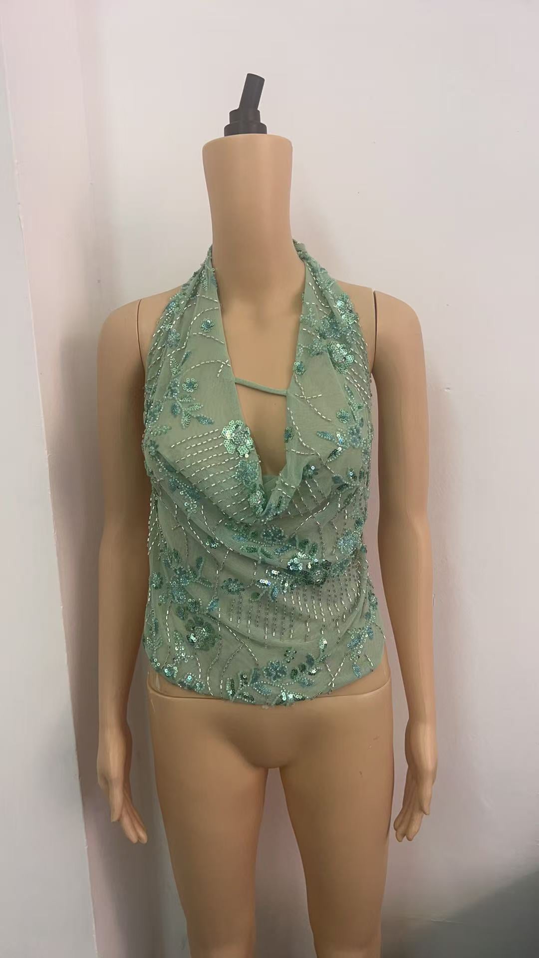 Damen Glitzerndes Spaghetti-Trägeroberteil mit floralen Applikationen und tiefem Ausschnitt Drune