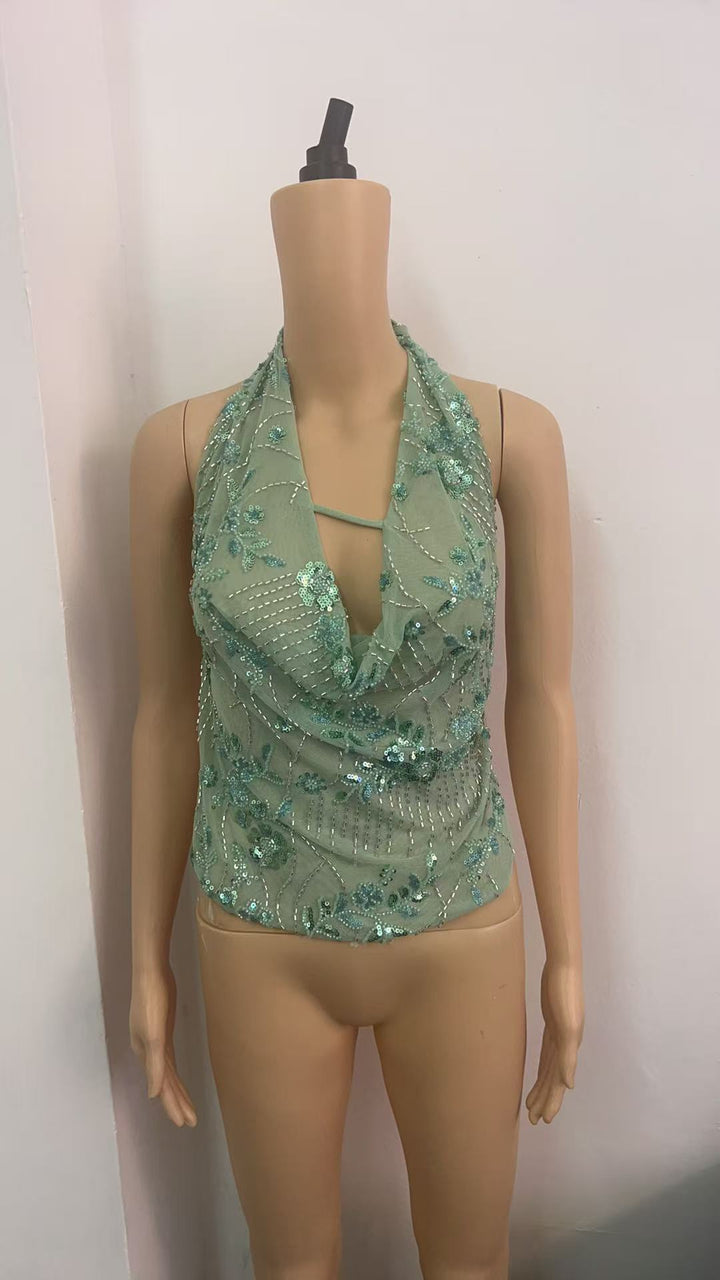 Damen Glitzerndes Spaghetti-Trägeroberteil mit floralen Applikationen und tiefem Ausschnitt Drune