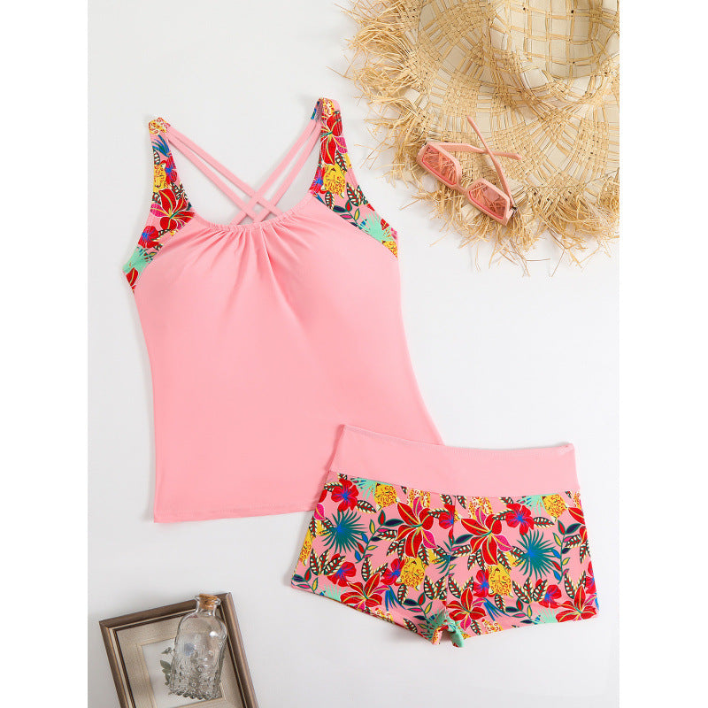 Damen Sportliches Badeanzug-Set mit Cross-Back-Design und Blumenmuster Drune