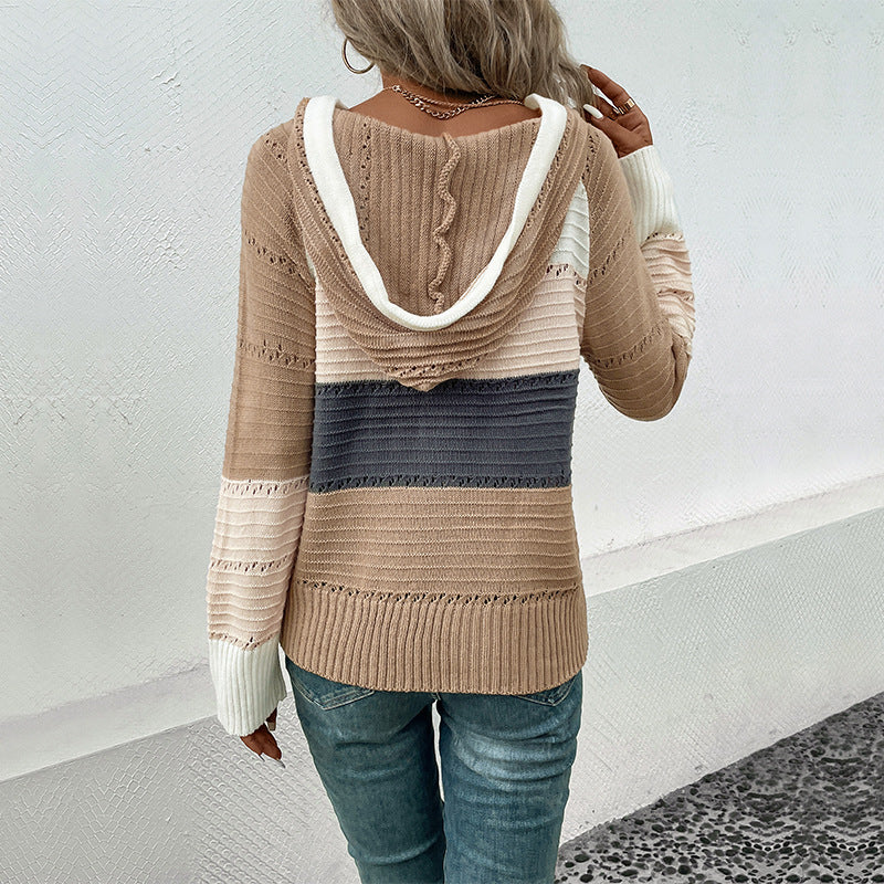 Damen Strickpullover mit modischem Streifenmuster und Kapuze Drune