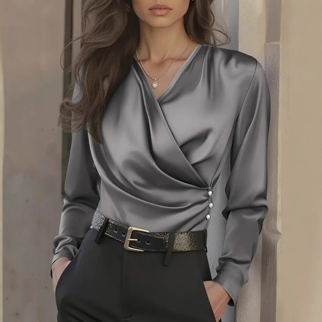 Damen Elegante Wickelbluse aus hochwertigem Satin mit Knopfdetails Drune
