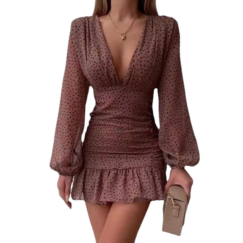 Damen Mini-Rüschendress mit V-Ausschnitt und eleganten Puffärmeln Drune