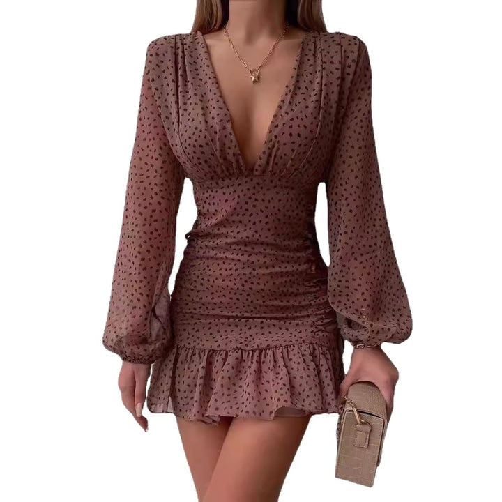 Damen Mini-Rüschendress mit V-Ausschnitt und eleganten Puffärmeln Drune
