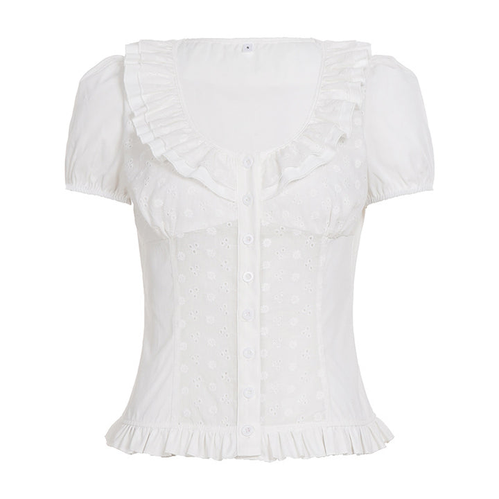 Damen Bluse mit verspieltem Rüschensaum und floralem Stickdesign Drune