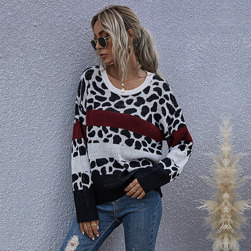 Damen lässiger Pullover mit modernem Leo-Muster und Blockstreifen Drune