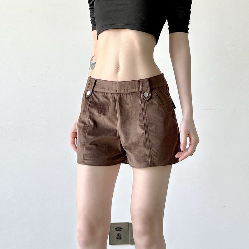 Damen Kunstleder Shorts mit dekorativem Knopf und figurbetontem Schnitt Drune