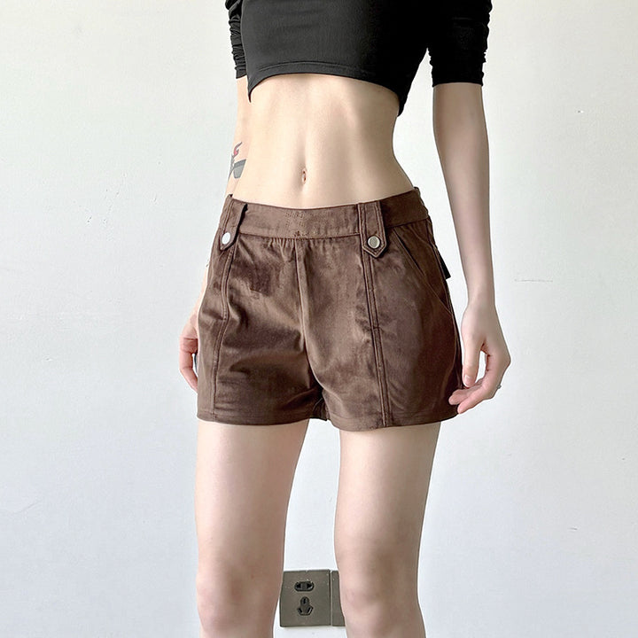 Damen Kunstleder Shorts mit dekorativem Knopf und figurbetontem Schnitt Drune