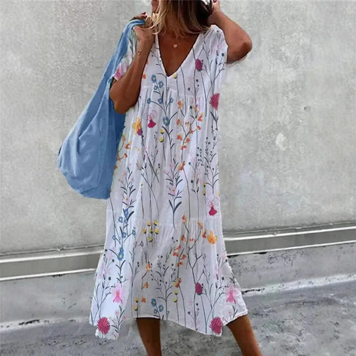 Damen lässiges Sommerkleid mit V-Ausschnitt und voluminösem Rock Drune