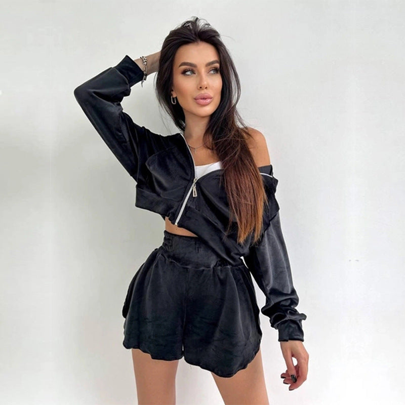 Damen sportliches Kurzarm-Trainingsset mit Kapuzenjacke und elastischen Shorts Drune