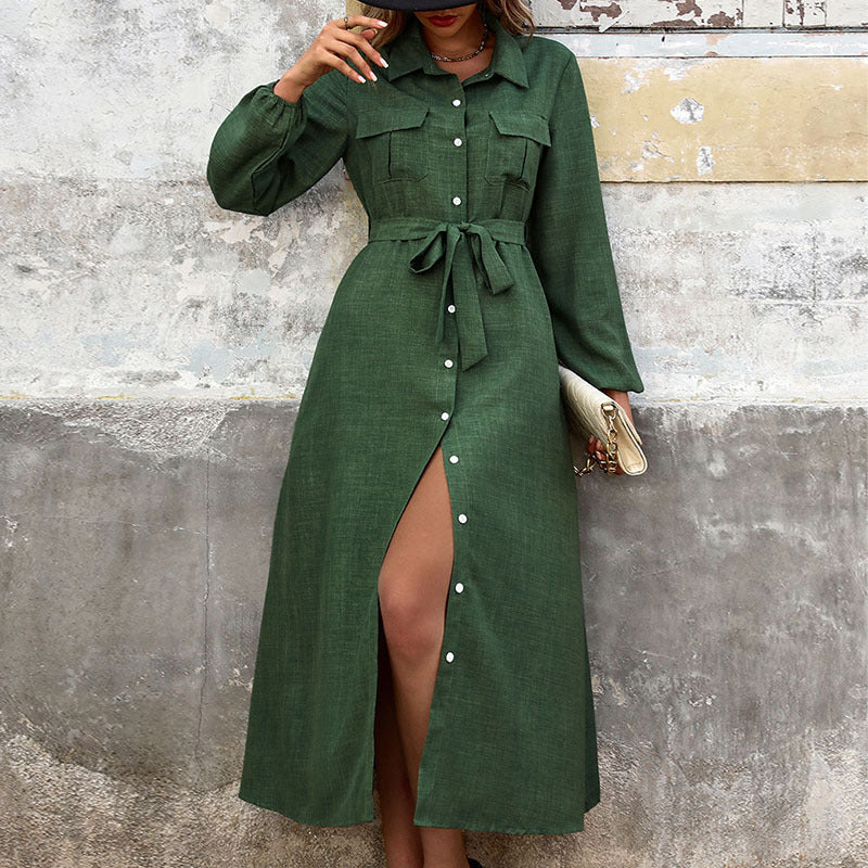 Damen Langarm Hemdblusenkleid mit taillierbarem Bindegürtel und schickem Schlitz Drune