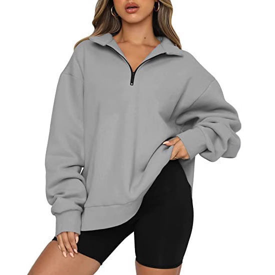 Damen nan oversized Sweatshirt mit halbem Reißverschluss, weichem Fleece-Innenfutter und Kängurutasche Drune