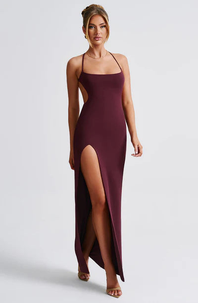 Damen Elegantes Maxikleid mit seitlichem Schlitz und dünnen Trägern Drune